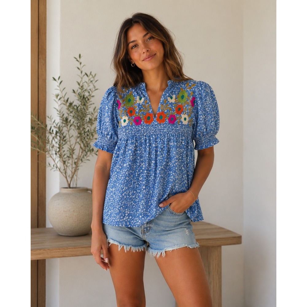 THML Blue Floral Embroidered Womens Top Short Puff Sleeve Boho Blouse Small